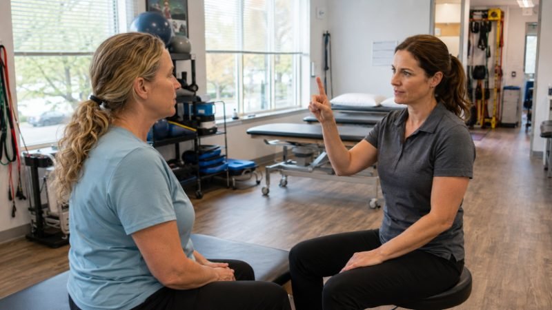 Patient following a visual target during a therapist-guided exercise