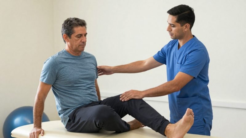 Therapist supporting a seated patient during a movement assessment