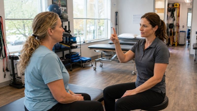 Physical therapist discussing a care plan with a patient