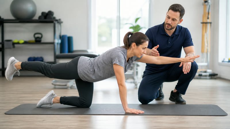 Patient performing a guided lower back exercise with a physical therapist